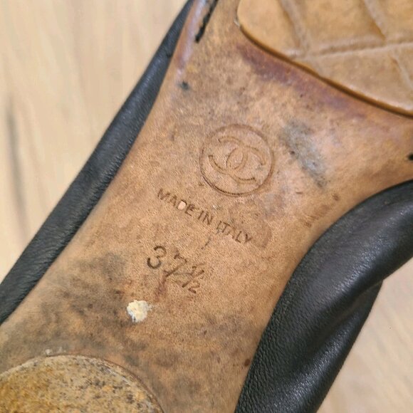 Chanel Ballet Flats 37.5 CC Logos Black Patent Cap Toe Pink Shine Elastic Trim - Picture 5 of 10